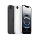 iPhone 16e black and white, front and back view