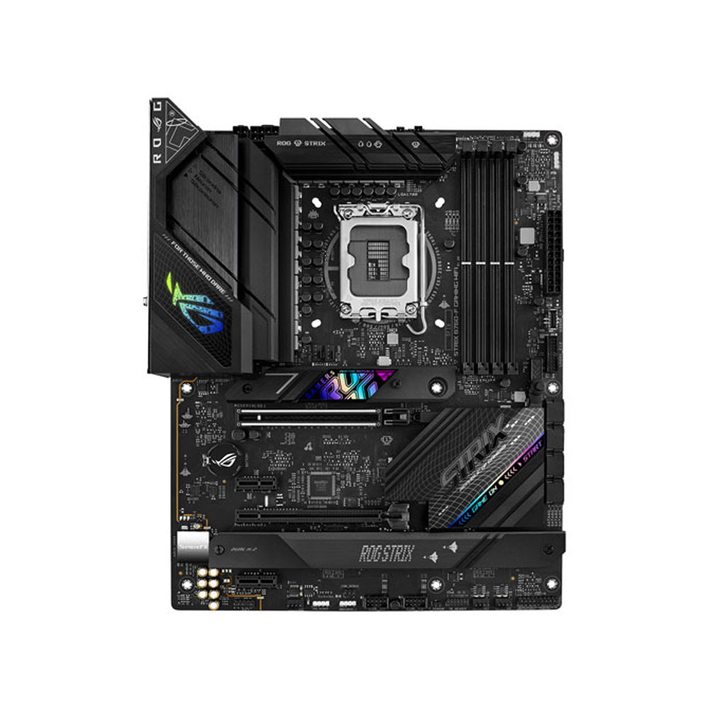 asus-rog-strix-b760-f-motherboard-up Asus ROG strix B760-F gaming Wi-Fi 6E motherboard up view