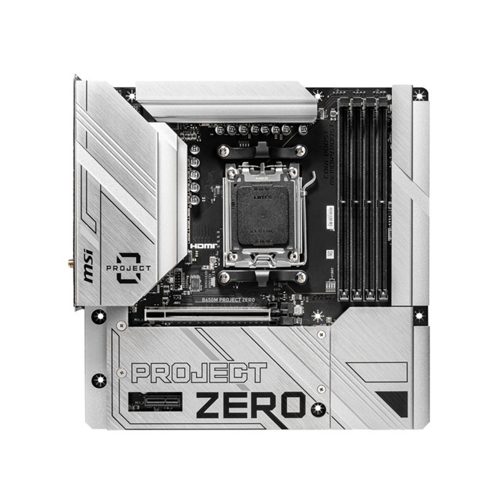 msi-b650m-project-zero-motherboard-up MSI B650M project zero motherboard up view