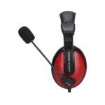 Close-up of comfortable on-ear earcup and flexible microphone on red HP-307 headset.