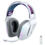 White Logitech G733 LIGHTSPEED wireless gaming headset, front view with RGB lighting