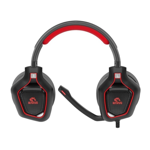 15285054_2 Side view of Marvo Pro wired stereo headset, featuring volume controls and dynamic red backlight for gamers