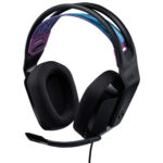 Logitech G335 black gaming headset, front view highlighting sleek design & comfortable earcups