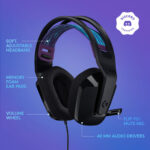 Logitech G335 black gaming headset laid flat, showcasing its full design.