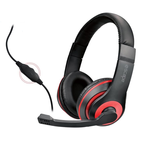Red Escape wired stereo gaming headset with volume control and microphone, shown from the front.