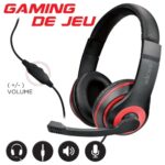 Escape red wired gaming headset highlighting ergonomic design, adjustable microphone, and inline volume control.