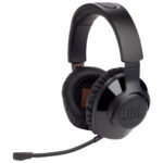 Side view of the JBL Quantum 350 black wireless gaming headset, highlighting its sleek design.