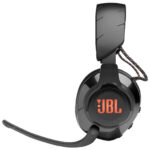 Detachable boom microphone on the JBL Quantum 610 black wireless gaming headset for clear communication.