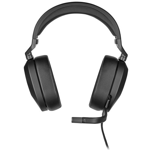 Black Corsair HS65 Surround gaming headset, highlighting soft earcups and adjustable headband design