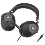Detachable broadcast-quality microphone on the black Corsair HS65 Surround gaming headset