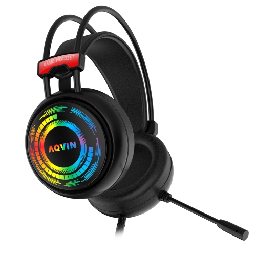 Aqvin Q300 RGB wired gaming headset with 7.1 surround sound and 50mm drivers, black finish.