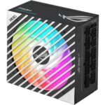 Close-up of the ASUS ROG Loki 750W SFX-L power supply showing fan and vents