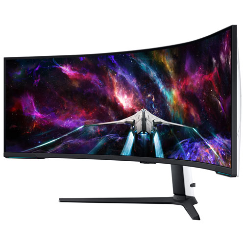 17160882_1 Angled view of Samsung 57-inch 8K Ultra HD 240Hz curved VA LED FreeSync gaming monitor, black