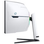 Ergonomic stand of the Samsung 57" 8K Ultra HD curved gaming monitor, showing tilt and height adjustability