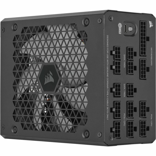17232386_1 Front view of the Corsair HX1000i 1000W PSU, highlighting its premium design and modular cable ports