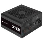Corsair CX750M modular power supply side view, showing cable ports and design.