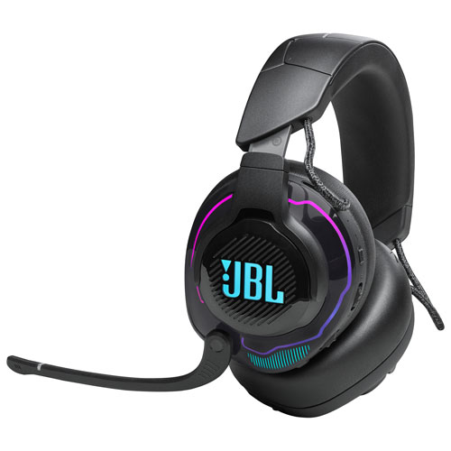 Black JBL Quantum 910 wireless gaming headset, front view, immersive audio for PC & console.