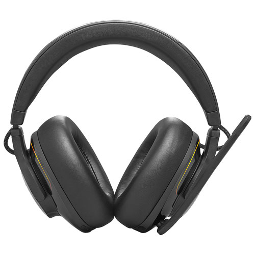 17243424_1 JBL Quantum 910 black wireless gaming headset, side view showcasing comfortable earcups and controls.