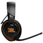 Black JBL Quantum 910 wireless gaming headset with flip-up boom microphone for clear communication.