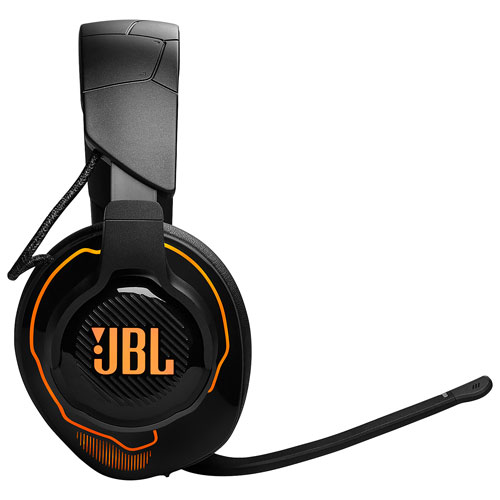 17243424_2 Black JBL Quantum 910 wireless gaming headset with flip-up boom microphone for clear communication.