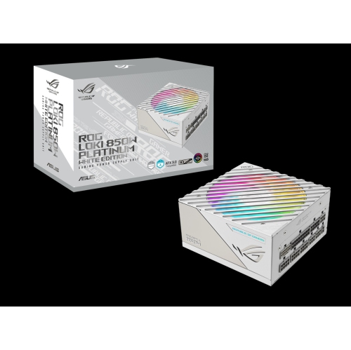 White ASUS ROG Loki 850W modular gaming power supply with efficient cooling fan and premium 80 Platinum rating