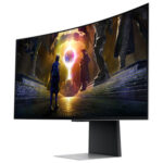 Samsung Odyssey G8 curved OLED gaming monitor, showing its ultra-slim profile and elegant stand.