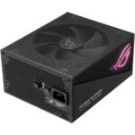 Sleek black design of ASUS ROG Strix 850W Aura gaming PSU, highlighting RGB lighting