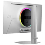 Samsung logo detail on the silver frame of the 32" Ultra HD gaming display