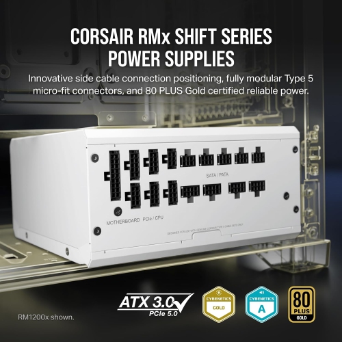 19265436_1 White Corsair RM850x Shift 850W PSU showcasing side-mounted modular connections for easy cable management.