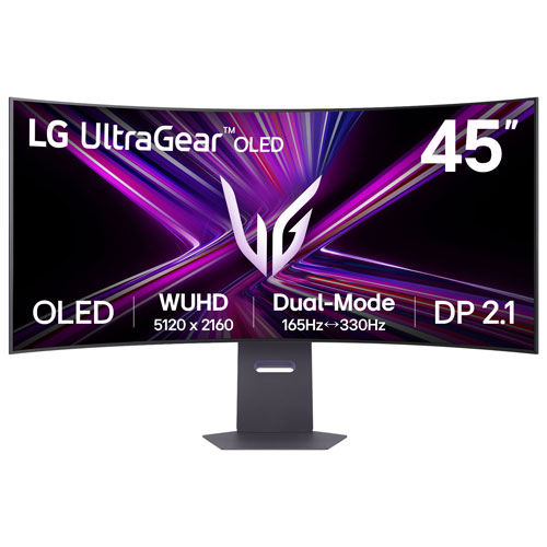 LG UltraGear 45" 5K Curved OLED gaming monitor 45GX950A-B. G-Sync, 330Hz for immersive play.