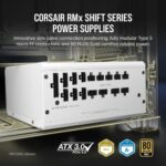 Corsair RM750x Shift 750W white modular ATX 3.0 power supply showcasing innovative side cable connections