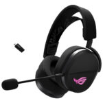 ASUS ROG Pelta wireless gaming headset, black, shown from the front. High-fidelity audio, comfortable design.