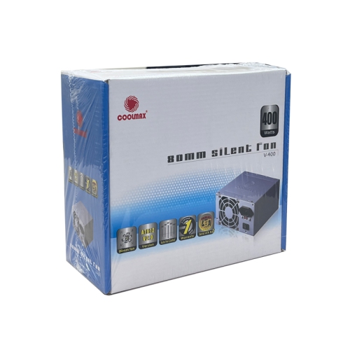 Coolmax V400 400W non-modular PSU showing fixed cables and cooling fan
