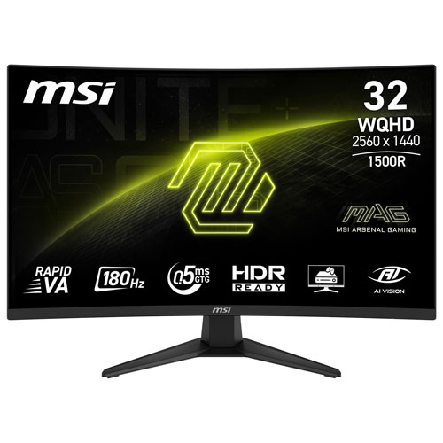 MSI MAG 321CQF E18 32-inch WQHD 180Hz 0.05ms curved LED gaming monitor, metallic black design.